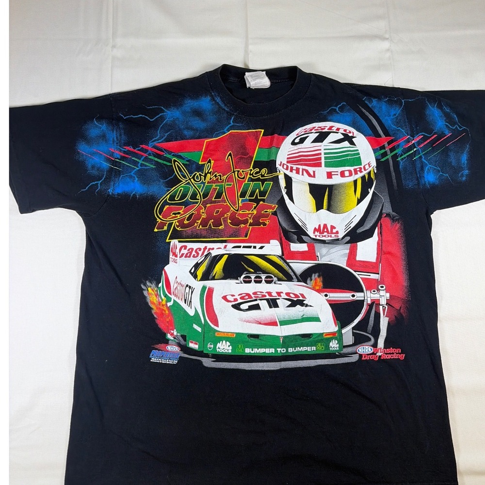 Vintage John Force NHRA Winston Drag Racing T-Shirt Logo Athletic Black 2XL